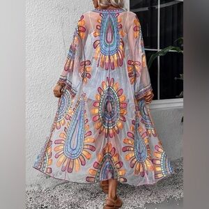 Sheer Embroidered Rainbow Multicolor Boho Kimono Cover One Size